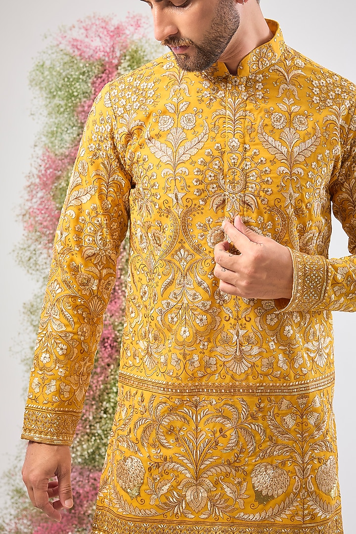 Yellow Georgette Zari Sequin Embroidered Short Kurta by Kasbah Clothing at Pernia's Pop Up Shop
