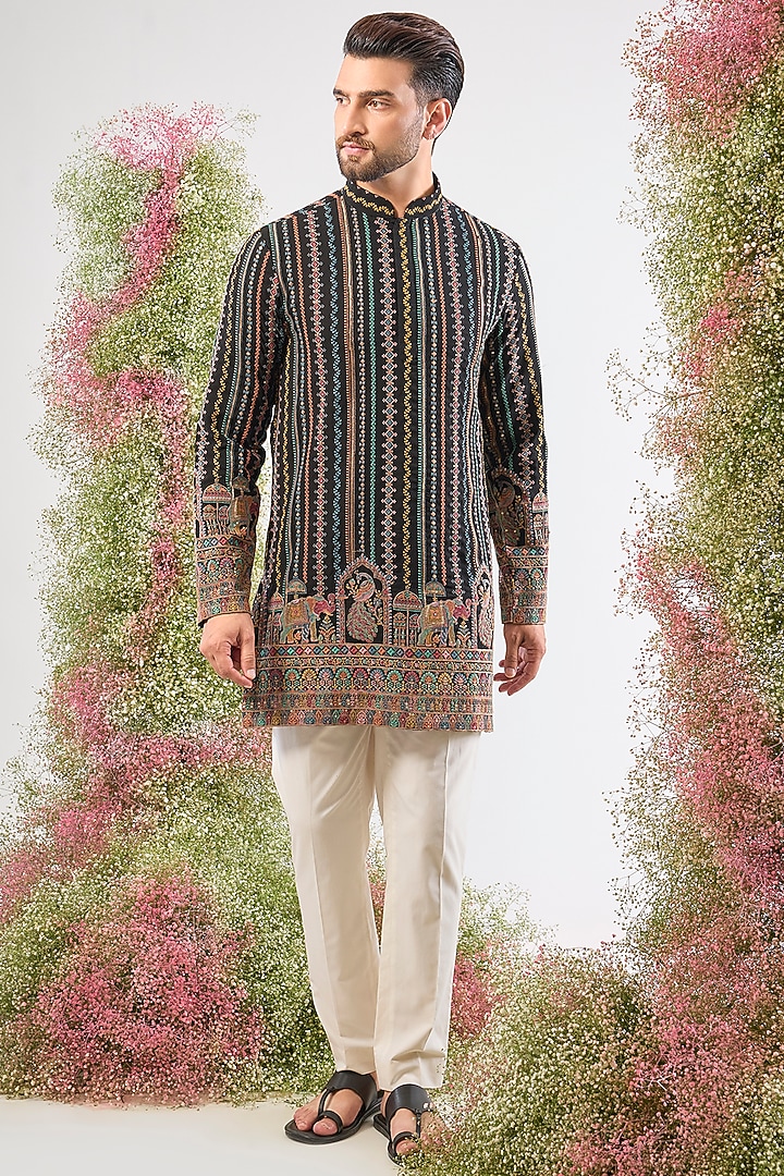 Multi-Colored Georgette Thread Embroidered Short Kurta by Kasbah Clothing at Pernia's Pop Up Shop