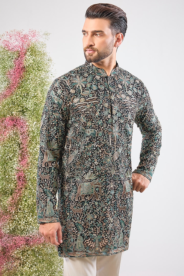 Black Georgette Kashmiri Embroidered Short Kurta by Kasbah Clothing at Pernia's Pop Up Shop