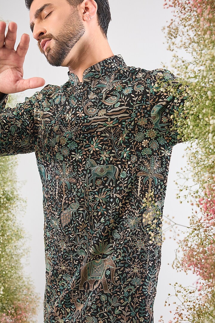 Black Georgette Kashmiri Embroidered Short Kurta by Kasbah Clothing at Pernia's Pop Up Shop