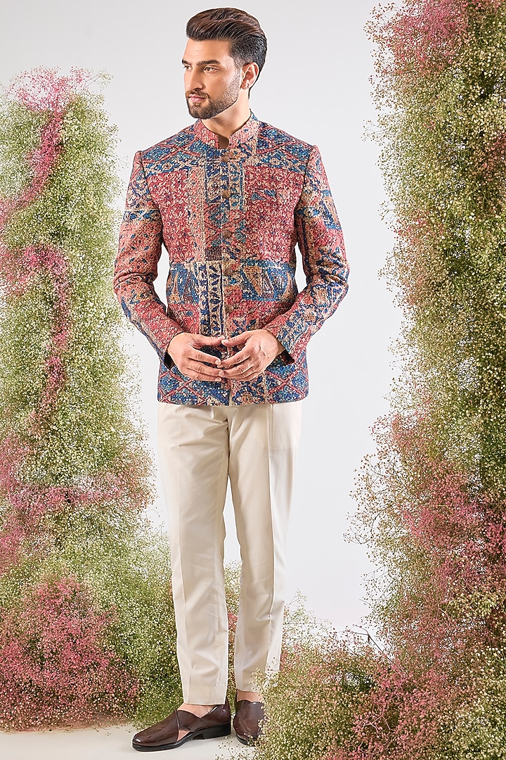 Multi-Colored Georgette Geometrical Printed Wedding Bandhgala by Kasbah Clothing at Pernia's Pop Up Shop