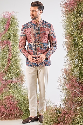 Multi-Colored Georgette Geometrical Printed Bandhgala by Kasbah Clothing