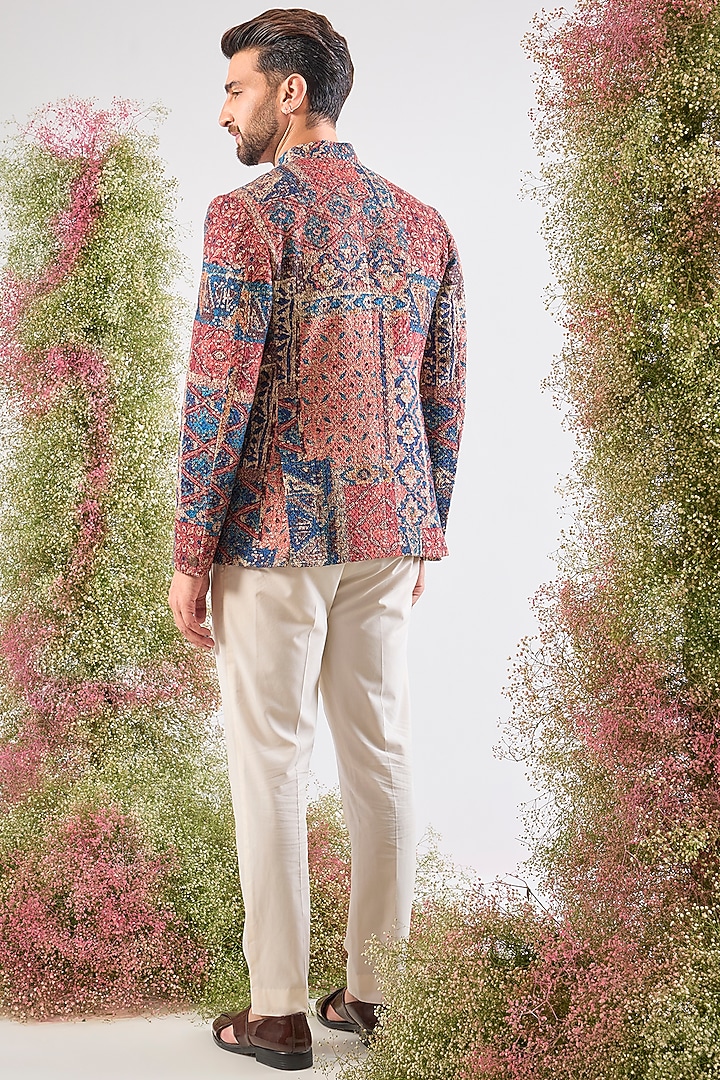 Multi-Colored Georgette Geometrical Printed Wedding Bandhgala by Kasbah Clothing at Pernia's Pop Up Shop