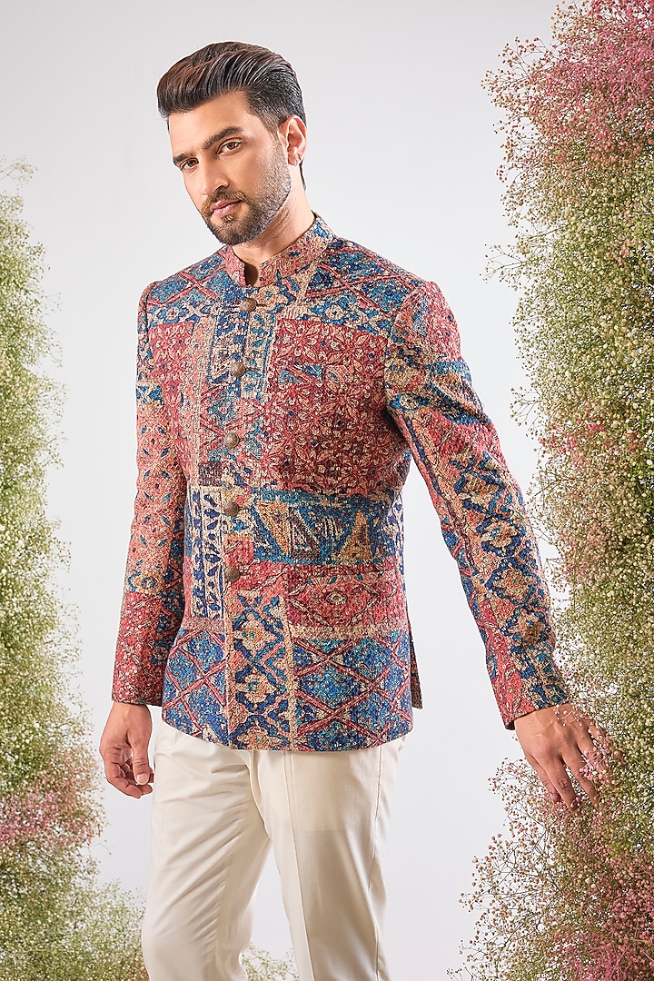 Multi-Colored Georgette Geometrical Printed Wedding Bandhgala by Kasbah Clothing at Pernia's Pop Up Shop