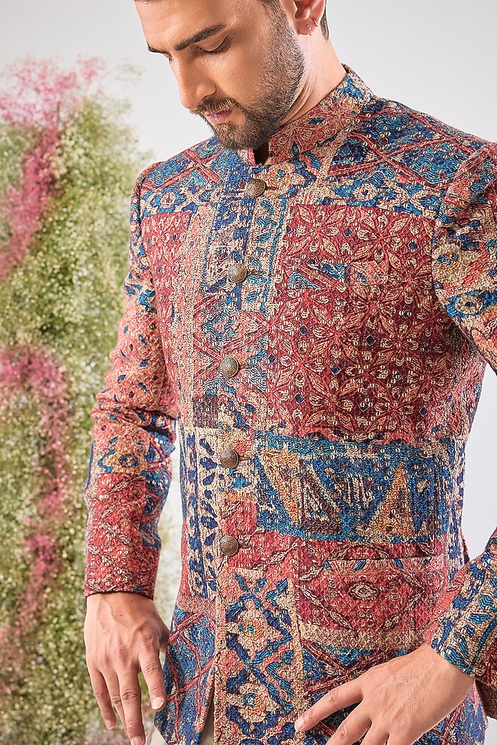 Multi-Colored Georgette Geometrical Printed Wedding Bandhgala by Kasbah Clothing at Pernia's Pop Up Shop