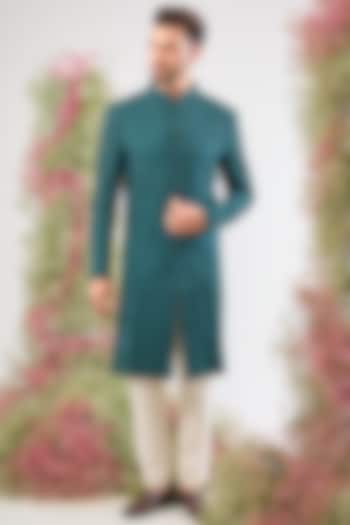 Green Silk Thread Work Wedding Sherwani by Kasbah Clothing at Pernia's Pop Up Shop