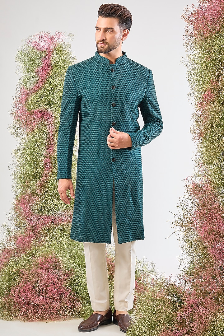 Green Silk Thread Work Wedding Sherwani by Kasbah Clothing at Pernia's Pop Up Shop