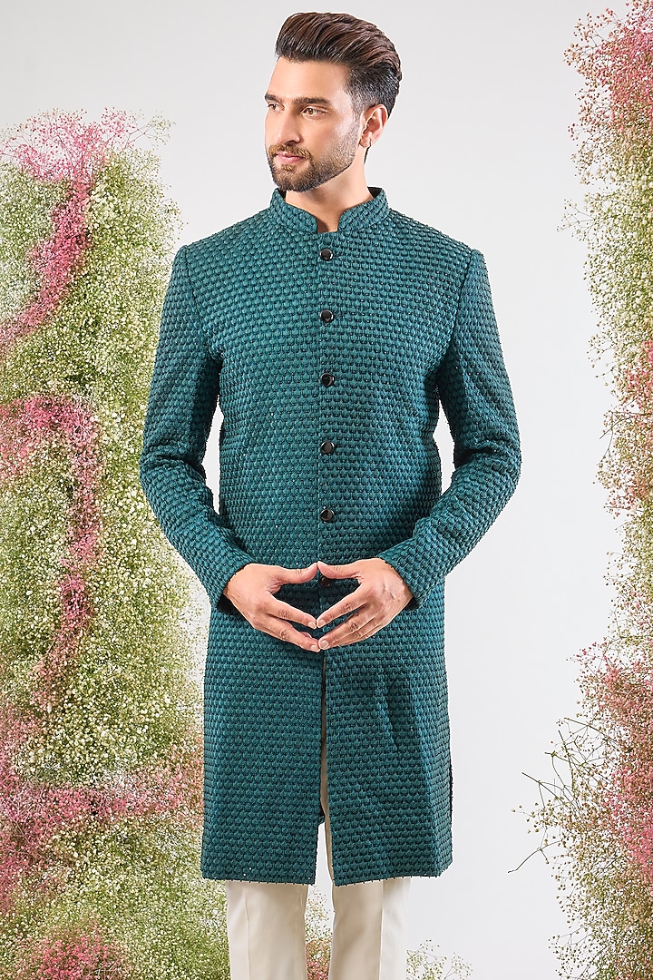 Green Silk Thread Work Wedding Sherwani by Kasbah Clothing at Pernia's Pop Up Shop