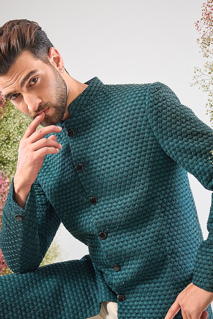 Green Silk Thread Work Wedding Sherwani by Kasbah Clothing at Pernia's Pop Up Shop