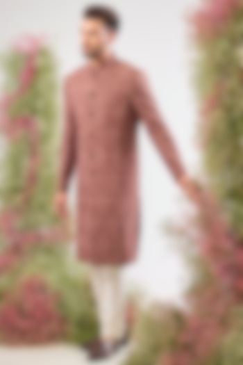 Mauve Taupe Silk Thread Work Wedding Sherwani by Kasbah Clothing at Pernia's Pop Up Shop