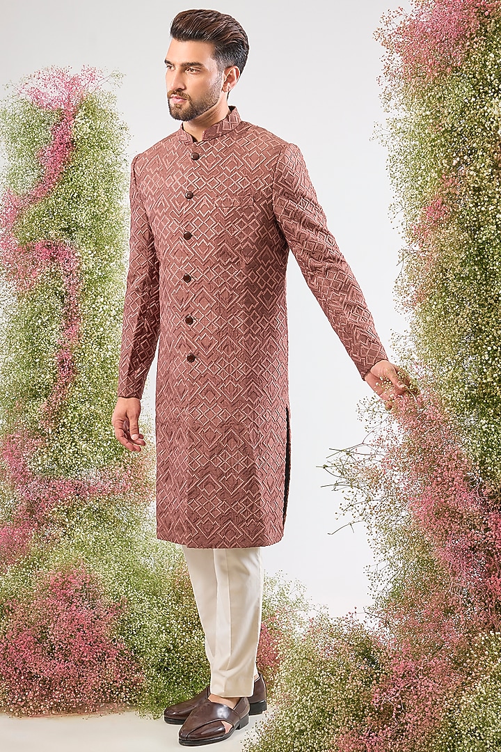 Mauve Taupe Silk Thread Work Wedding Sherwani by Kasbah Clothing at Pernia's Pop Up Shop