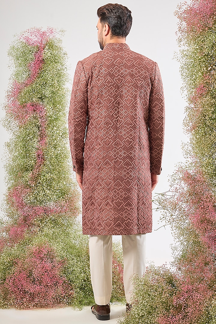 Mauve Taupe Silk Thread Work Wedding Sherwani by Kasbah Clothing at Pernia's Pop Up Shop