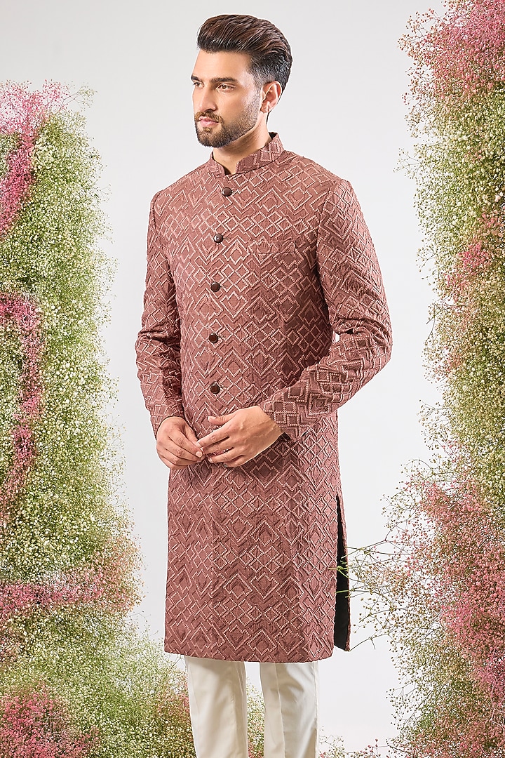 Mauve Taupe Silk Thread Work Wedding Sherwani by Kasbah Clothing at Pernia's Pop Up Shop