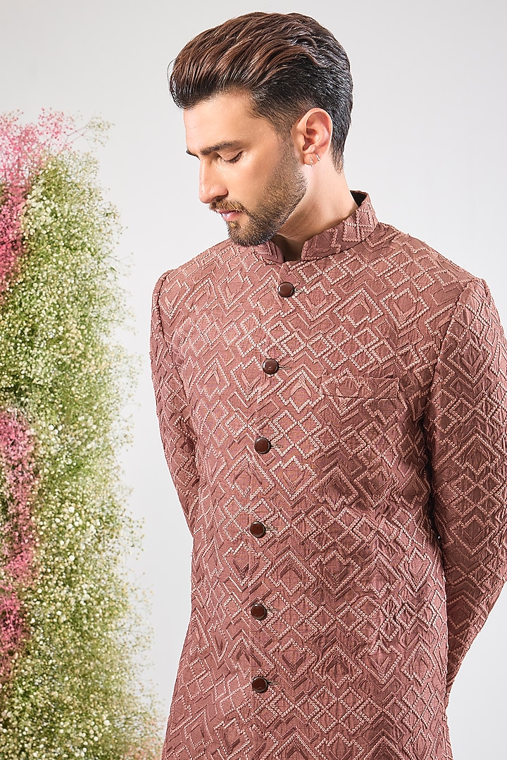 Mauve Taupe Silk Thread Work Wedding Sherwani by Kasbah Clothing at Pernia's Pop Up Shop