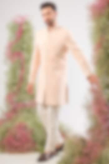 Pink Silk Floral Embroidered Short Wedding Sherwani by Kasbah Clothing at Pernia's Pop Up Shop