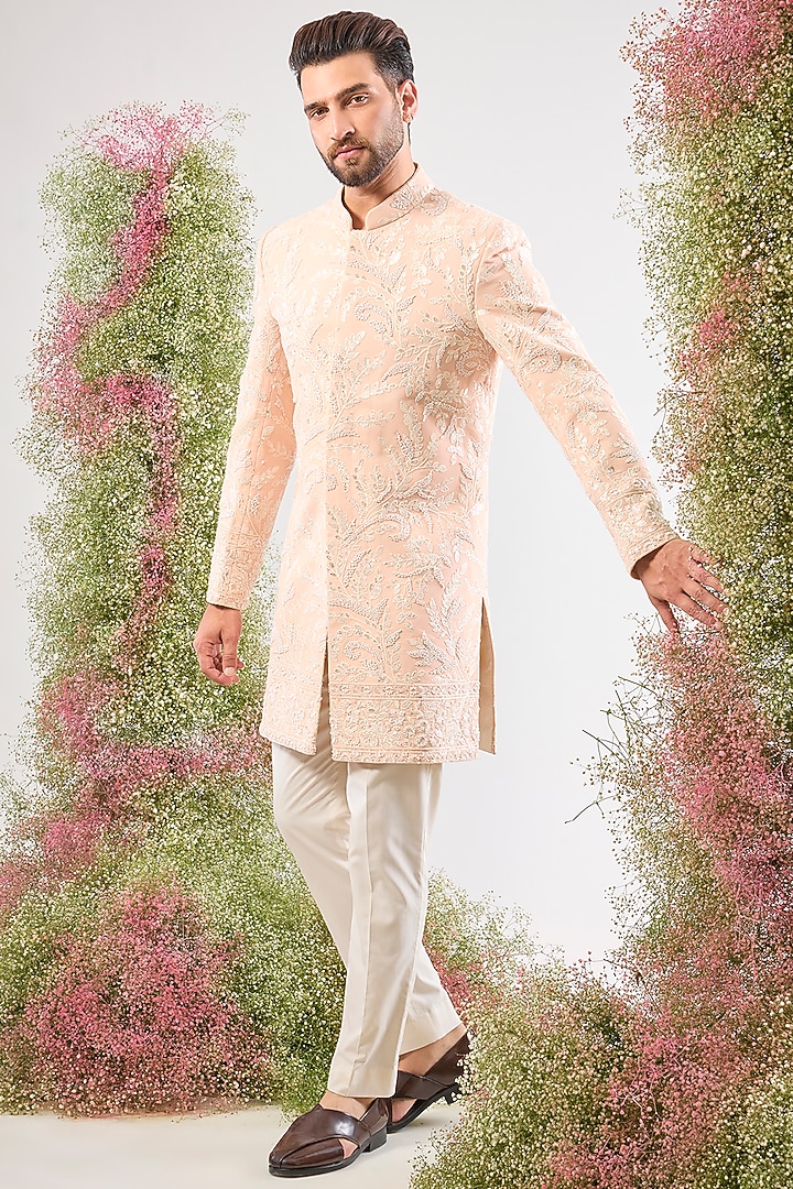 Pink Silk Floral Embroidered Short Wedding Sherwani by Kasbah Clothing at Pernia's Pop Up Shop