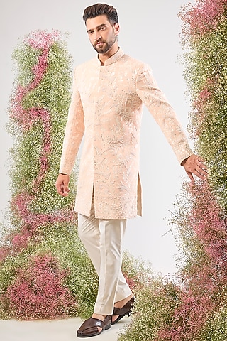 Pink Silk Floral Embroidered Short Sherwani by Kasbah Clothing