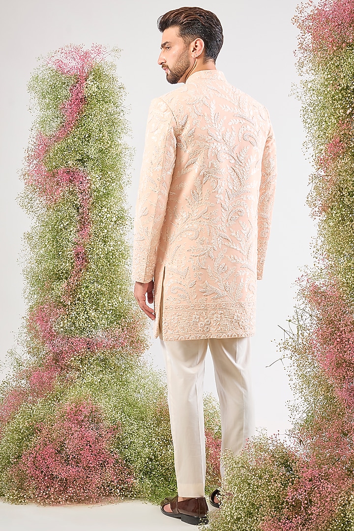Pink Silk Floral Embroidered Short Wedding Sherwani by Kasbah Clothing at Pernia's Pop Up Shop