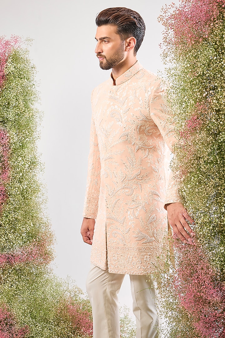 Pink Silk Floral Embroidered Short Wedding Sherwani by Kasbah Clothing at Pernia's Pop Up Shop