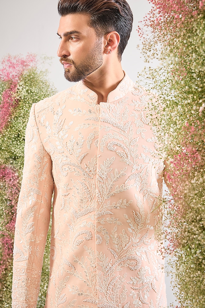 Pink Silk Floral Embroidered Short Wedding Sherwani by Kasbah Clothing at Pernia's Pop Up Shop