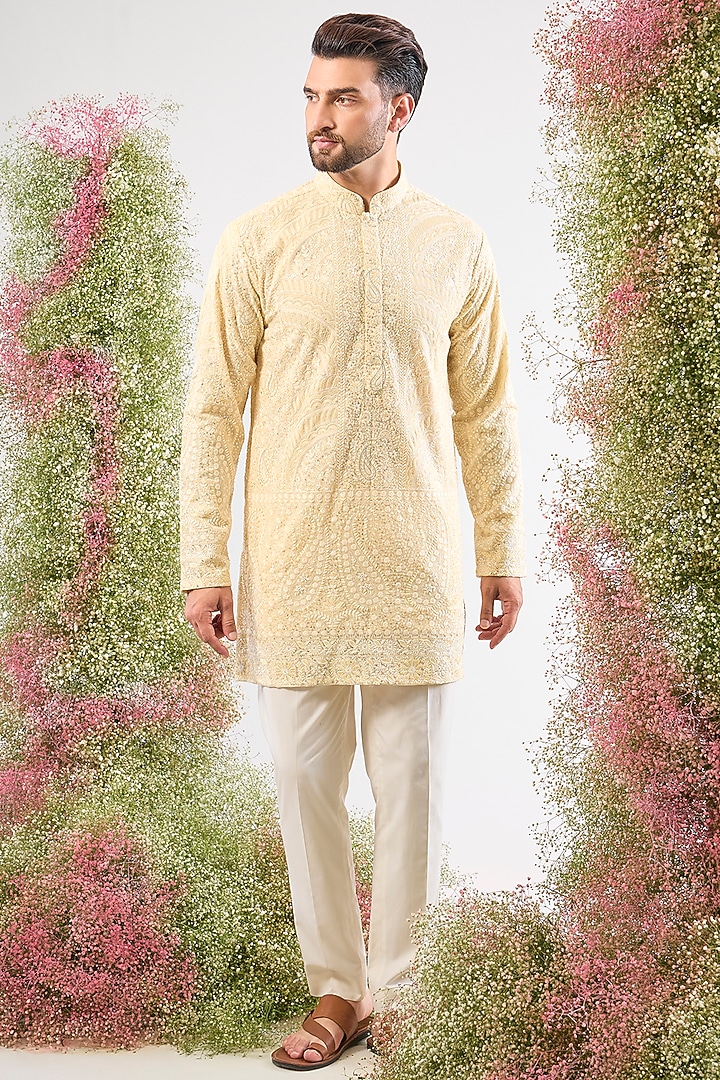 Pastel Yellow Georgette Chikankari Short Kurta by Kasbah Clothing at Pernia's Pop Up Shop
