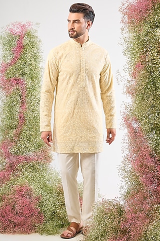Pastel Yellow Georgette Chikankari Short Kurta by Kasbah Clothing