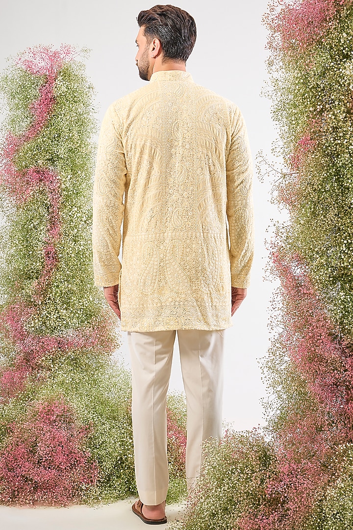 Pastel Yellow Georgette Chikankari Short Kurta by Kasbah Clothing at Pernia's Pop Up Shop