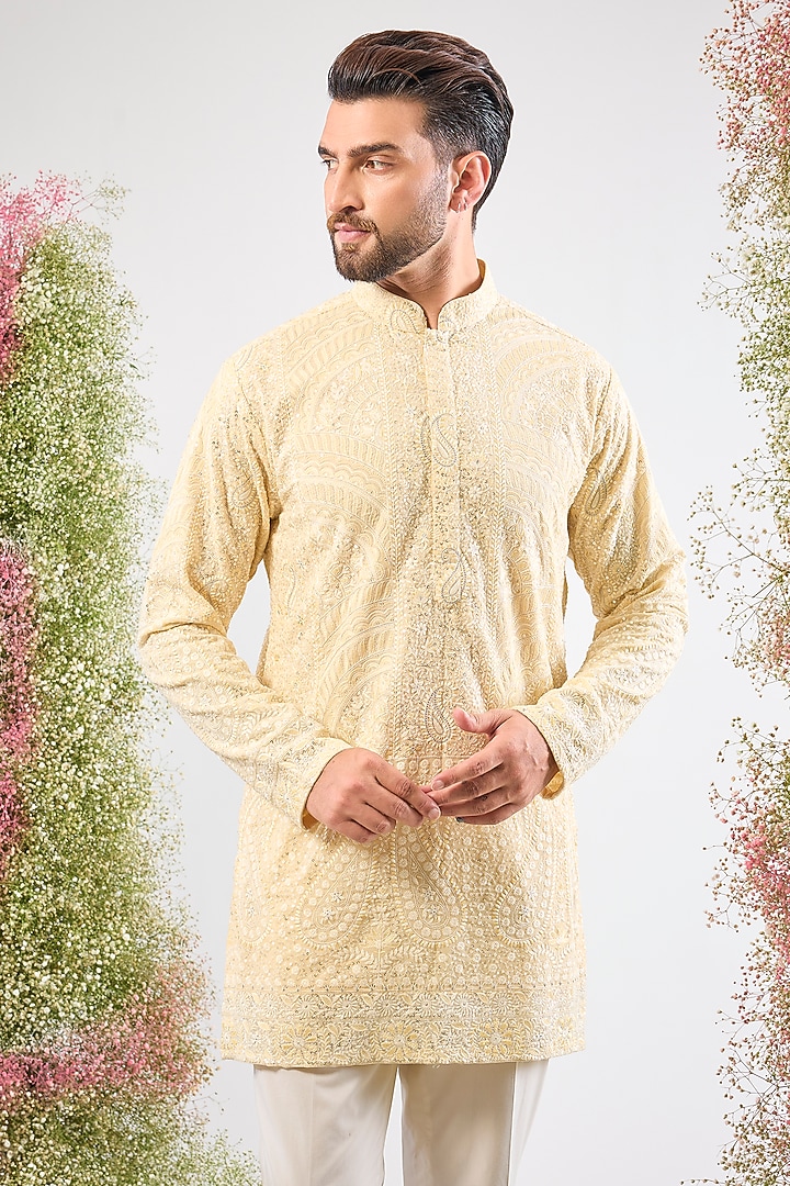 Pastel Yellow Georgette Chikankari Short Kurta by Kasbah Clothing at Pernia's Pop Up Shop