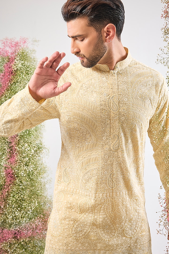 Pastel Yellow Georgette Chikankari Short Kurta by Kasbah Clothing at Pernia's Pop Up Shop
