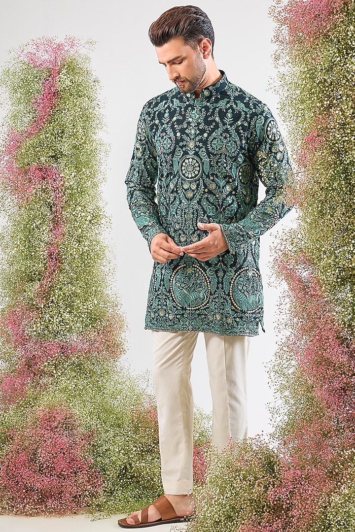 Green Georgette Thread Embroidered Short Kurta by Kasbah Clothing at Pernia's Pop Up Shop