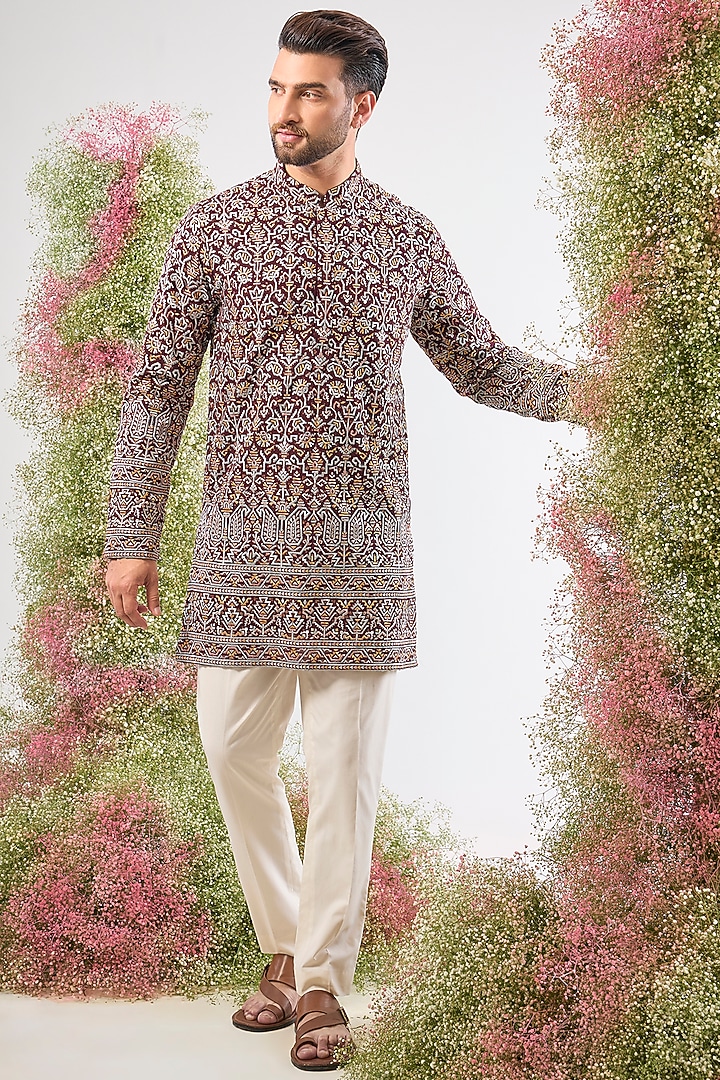 Maroon Georgette Thread Work Short Kurta by Kasbah Clothing at Pernia's Pop Up Shop