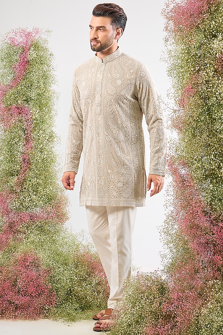 Beige Georgette Chikankari Paisley Short Kurta by Kasbah Clothing at Pernia's Pop Up Shop
