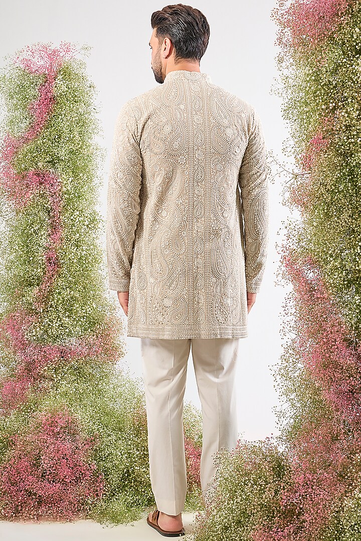 Beige Georgette Chikankari Paisley Short Kurta by Kasbah Clothing at Pernia's Pop Up Shop