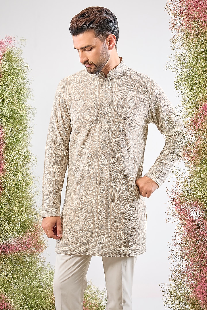 Beige Georgette Chikankari Paisley Short Kurta by Kasbah Clothing at Pernia's Pop Up Shop