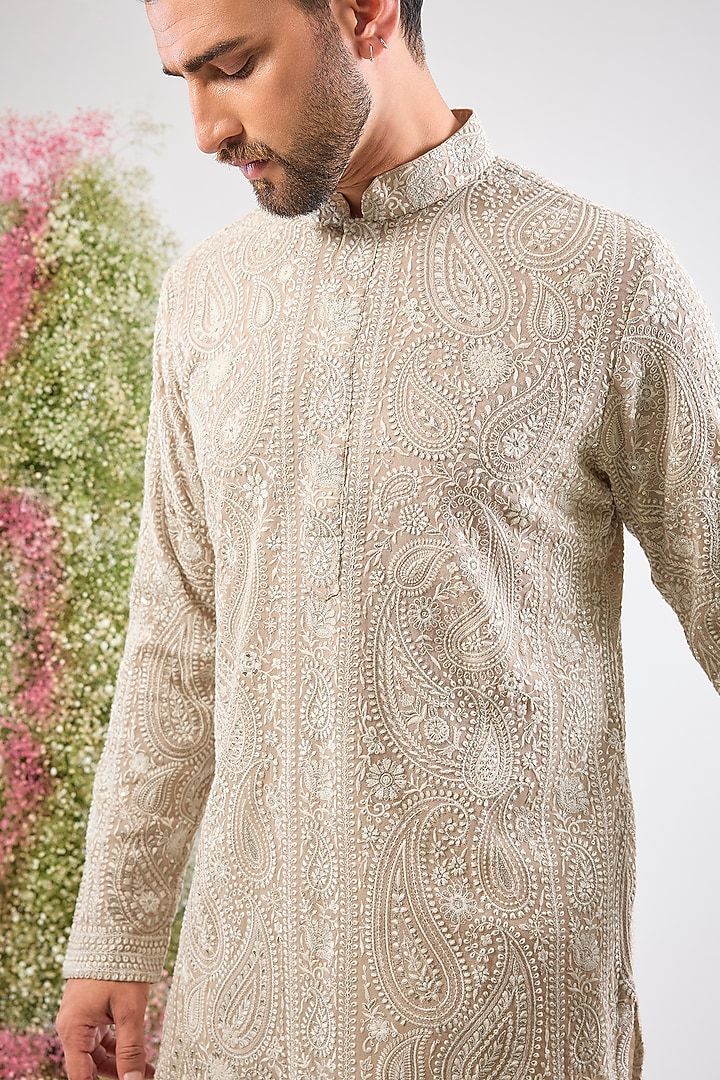 Beige Georgette Chikankari Paisley Short Kurta by Kasbah Clothing at Pernia's Pop Up Shop