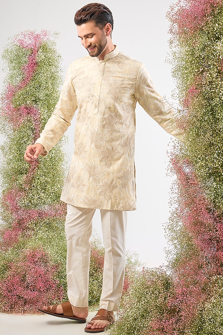 Beige Georgette Zari Chikankari Short Kurta by Kasbah Clothing at Pernia's Pop Up Shop