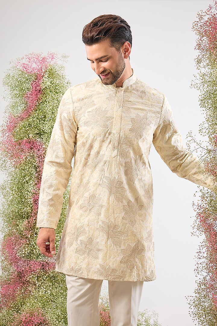 Beige Georgette Zari Chikankari Short Kurta by Kasbah Clothing at Pernia's Pop Up Shop
