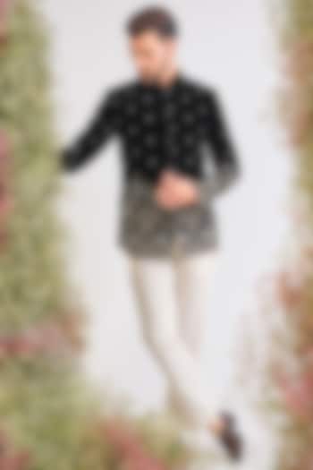 Black Velvet Bead Handwork Wedding Bandhgala by Kasbah Clothing at Pernia's Pop Up Shop