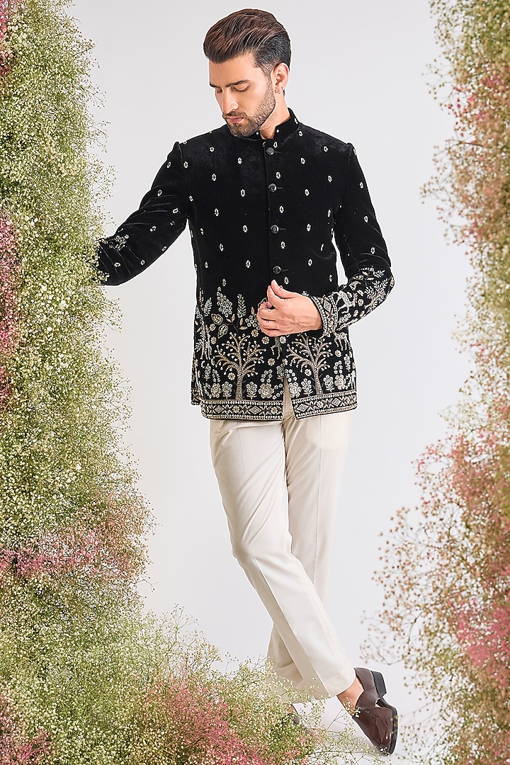 Black Velvet Bead Handwork Wedding Bandhgala by Kasbah Clothing at Pernia's Pop Up Shop