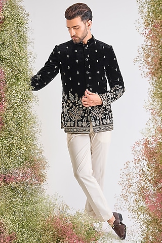 Black Velvet Bead Handwork Bandhgala by Kasbah Clothing