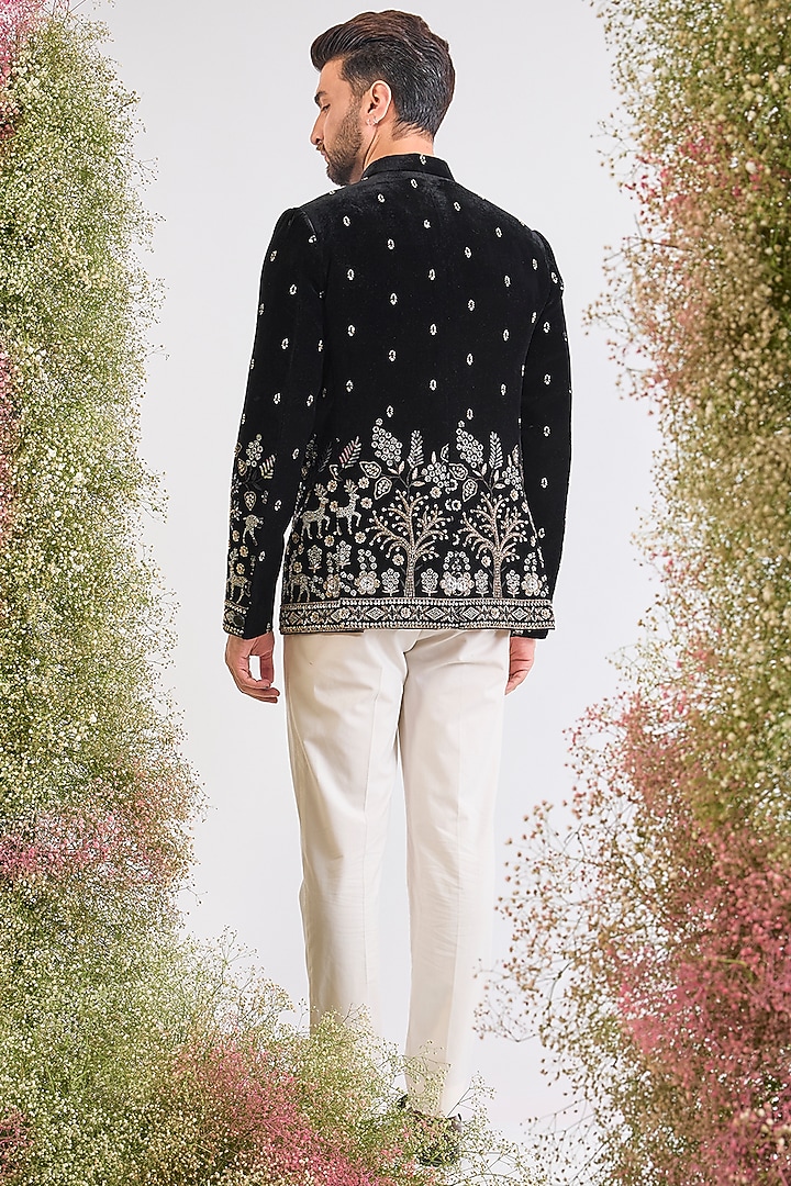Black Velvet Bead Handwork Wedding Bandhgala by Kasbah Clothing at Pernia's Pop Up Shop