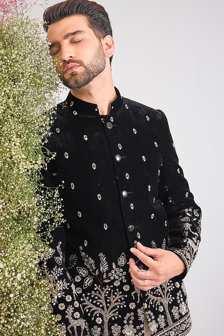 Black Velvet Bead Handwork Wedding Bandhgala by Kasbah Clothing at Pernia's Pop Up Shop