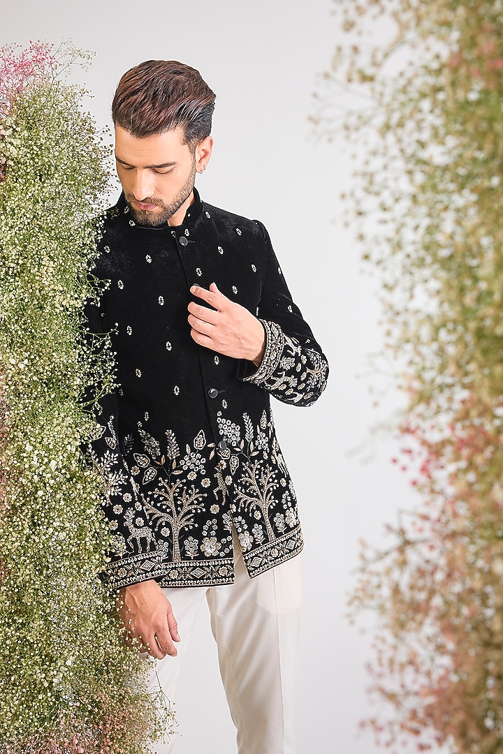 Black Velvet Bead Handwork Wedding Bandhgala by Kasbah Clothing at Pernia's Pop Up Shop