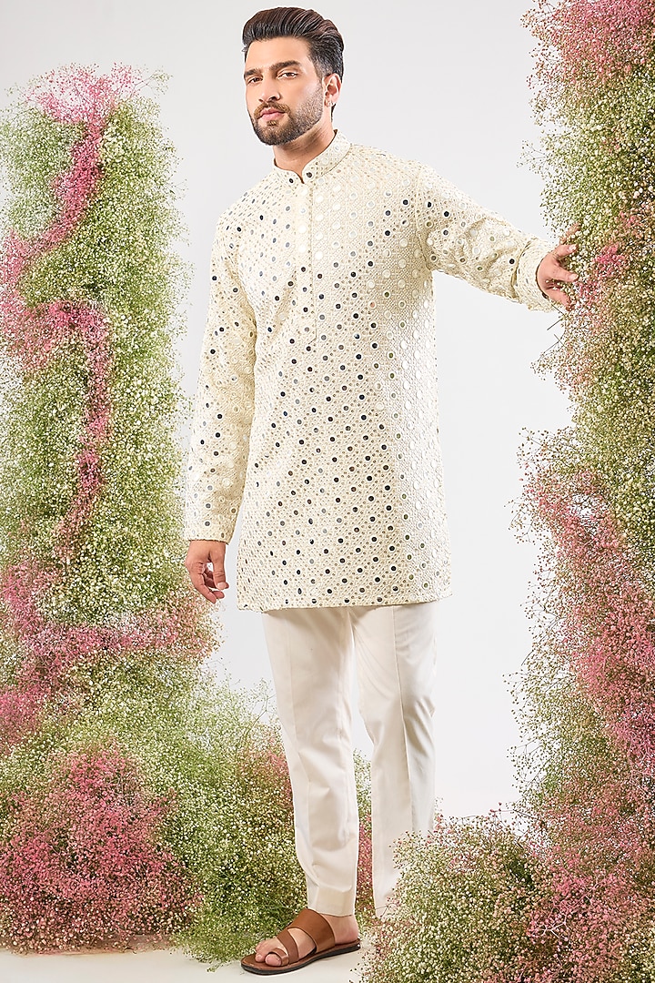 White Georgette Mirror Work Kurta by Kasbah Clothing at Pernia's Pop Up Shop