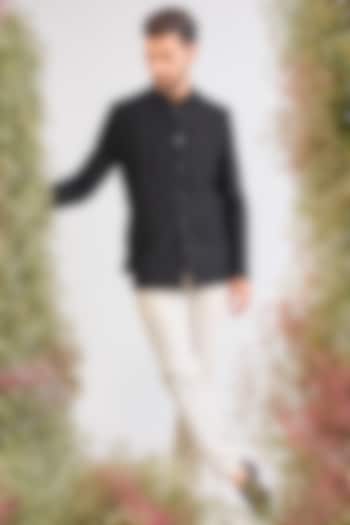 Black Silk Floral Cutdana Embroidered Wedding Bandhgala by Kasbah Clothing at Pernia's Pop Up Shop