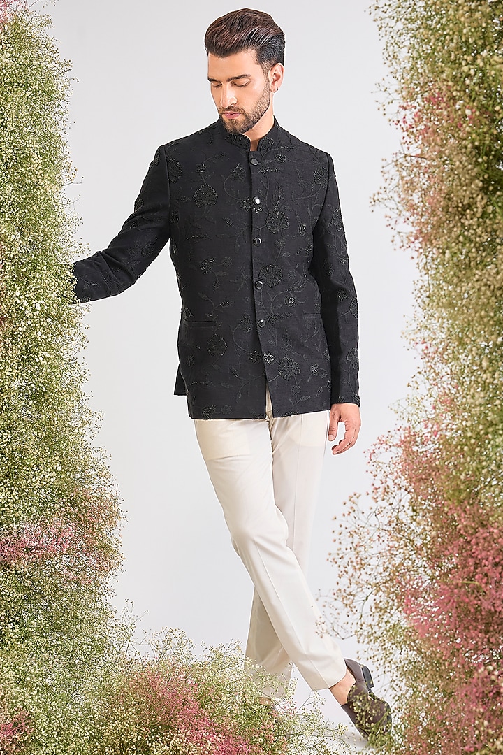 Black Silk Floral Cutdana Embroidered Wedding Bandhgala by Kasbah Clothing at Pernia's Pop Up Shop