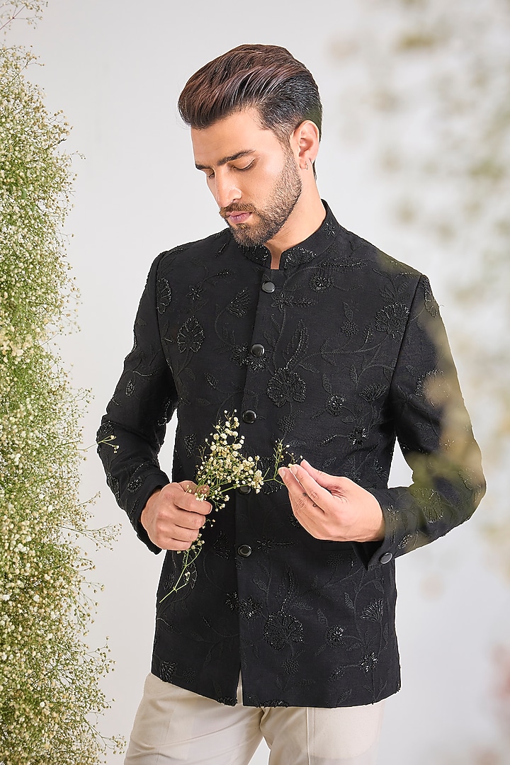 Black Silk Floral Cutdana Embroidered Wedding Bandhgala by Kasbah Clothing at Pernia's Pop Up Shop