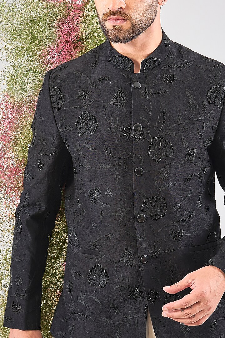 Black Silk Floral Cutdana Embroidered Wedding Bandhgala by Kasbah Clothing at Pernia's Pop Up Shop