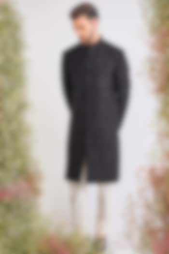 Black Silk Thread Work Wedding Sherwani by Kasbah Clothing at Pernia's Pop Up Shop