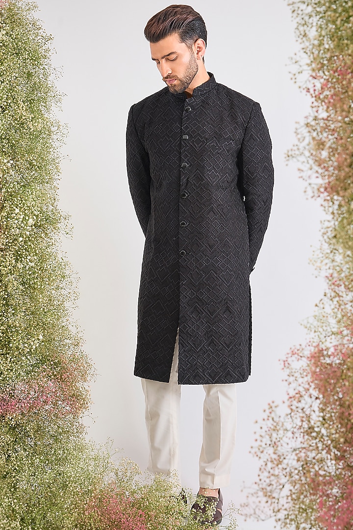 Black Silk Thread Work Wedding Sherwani by Kasbah Clothing at Pernia's Pop Up Shop
